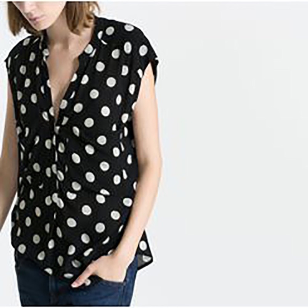 Zara Polka Dots Black Cream Pockets Blouse Shirt